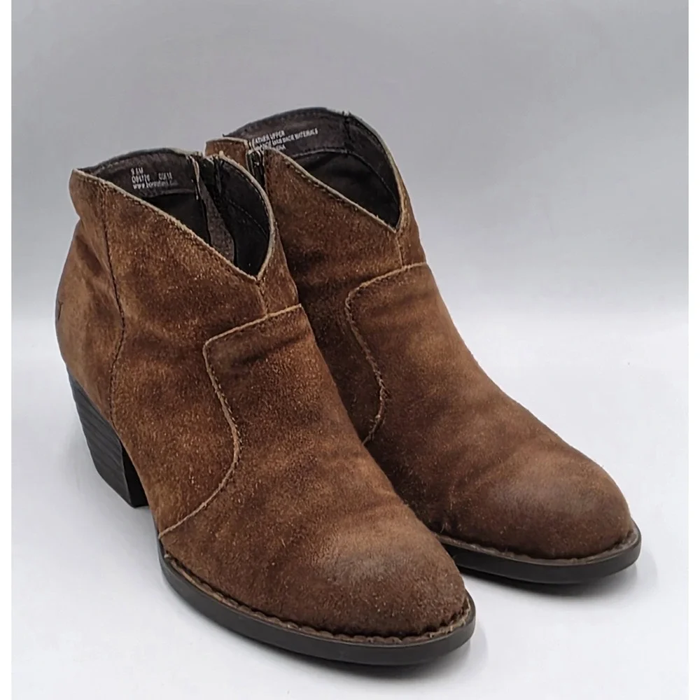 Born Womens 9.5M Ankle Boots Distressed Cognac Suede Leather Zip Booties